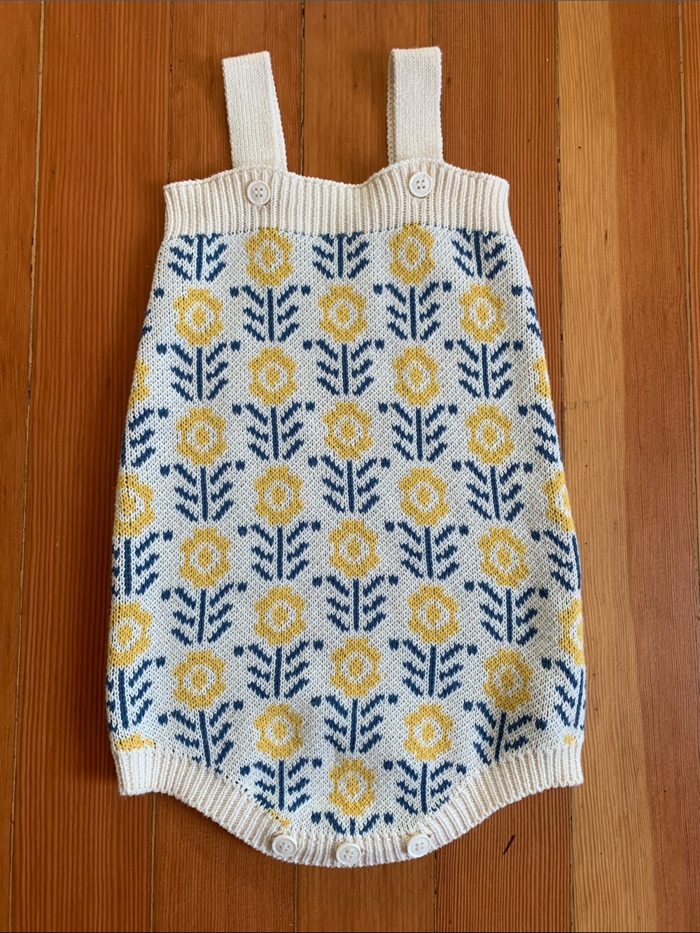 Cream Knit Floral Baby Romper with Yellow & Blue Pattern Mikistory Sz 18-24